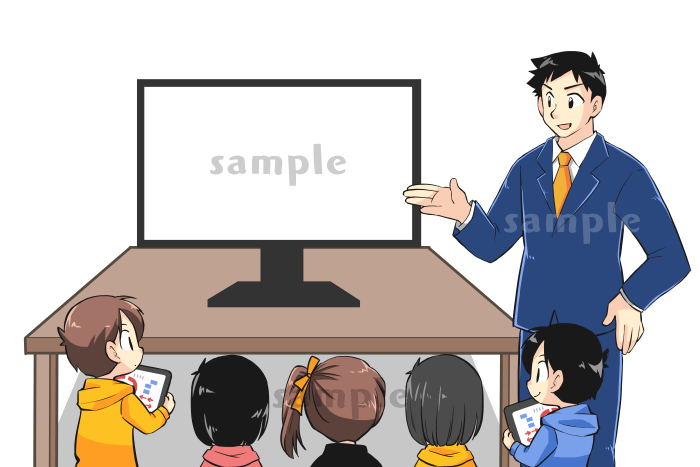 先生と生徒がパソコンを使って勉強しているイラスト