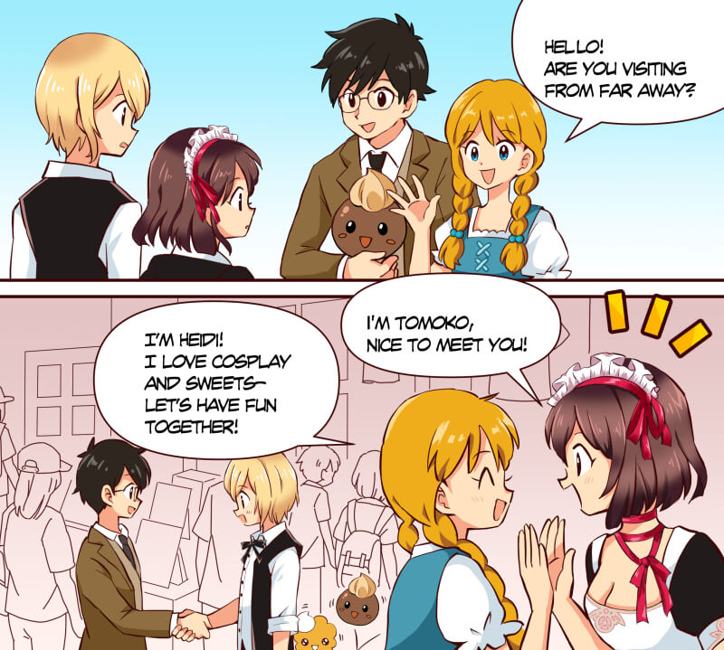 DoKomiとFantasy Baselのキャラクターが国際交流を楽しむ英語マンガの一場面（右から左読み）