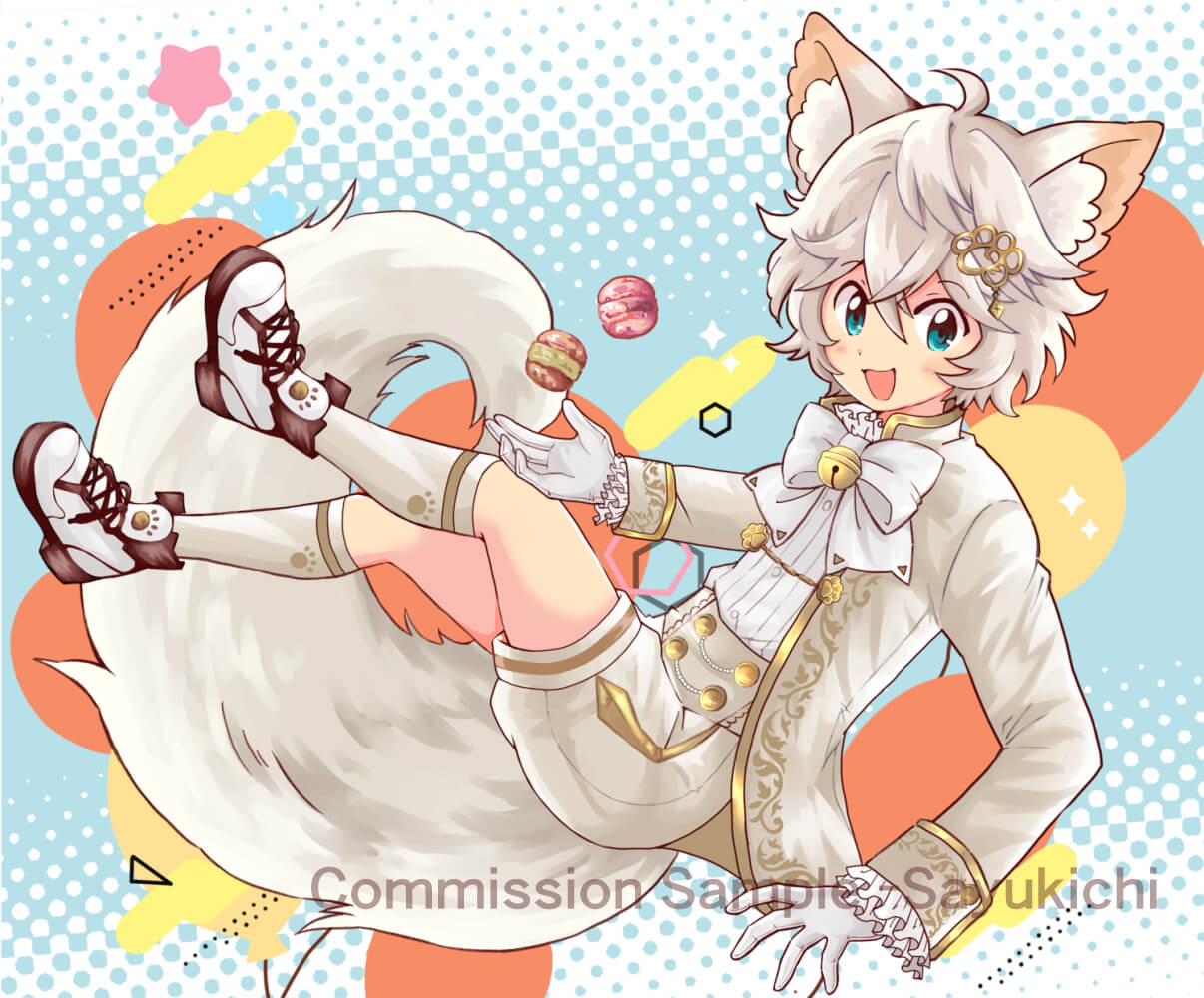 Fantasy commission artwork of a cute manga-style boy with white wolf ears and fluffy tail in elegant costume