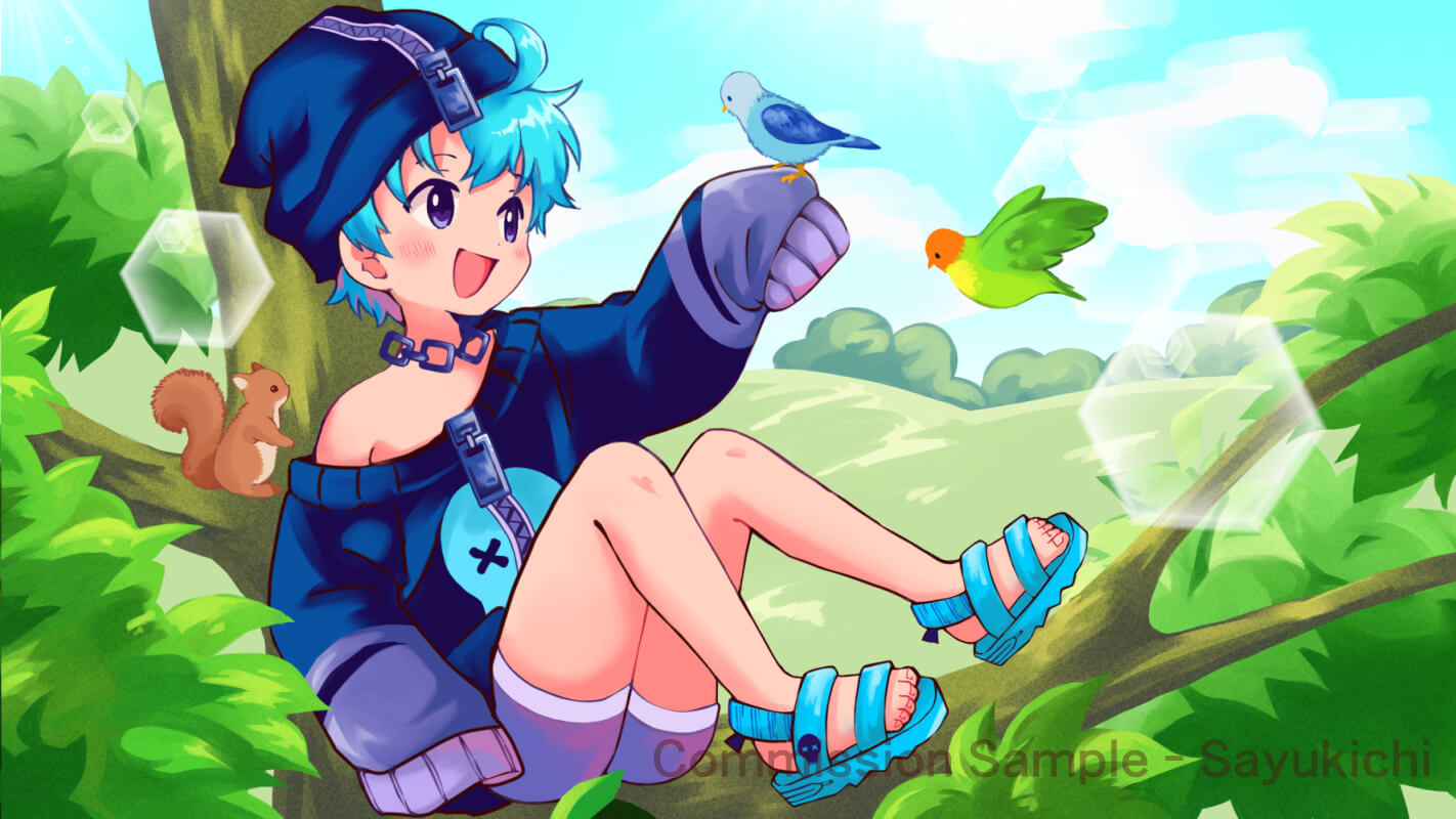 Colorful anime commission illustration of a cheerful blue-haired boy sitting in a tree with birds, manga style