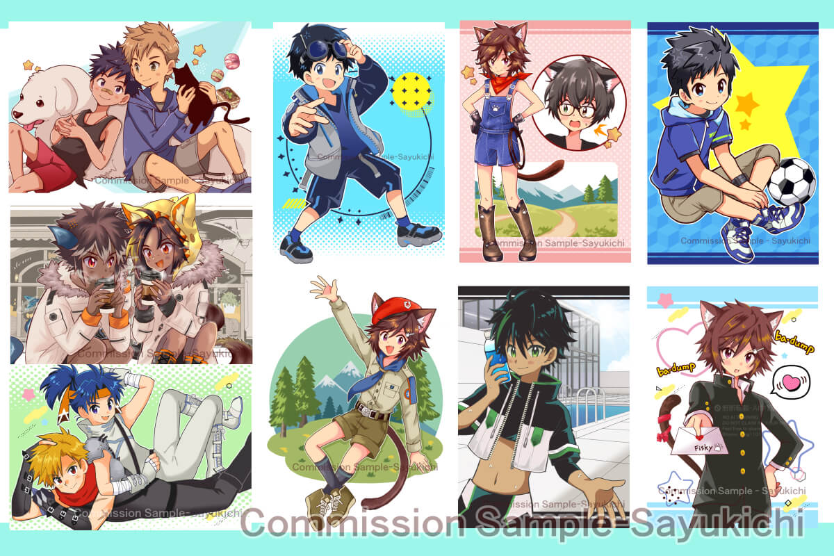 Collage of Sayukichi's manga and anime commission samples, featuring cute boys, catboys with animal ears, and colorful character illustrations