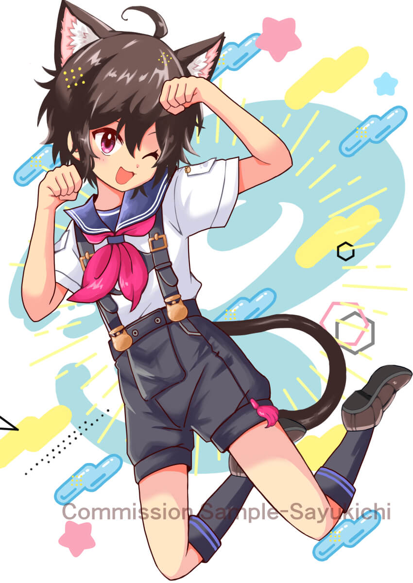 Anime commission illustration of a playful catboy in a sailor uniform making a cute meow pose