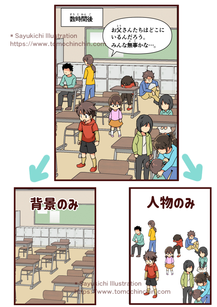 防災教材漫画の人物レイヤーと背景レイヤー。動画化を前提とした構造で制作しています。