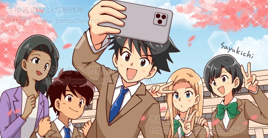 高校英語教科書アースライズの扉絵イラスト。桜の季節に5人の高校生が自撮りしているシーン